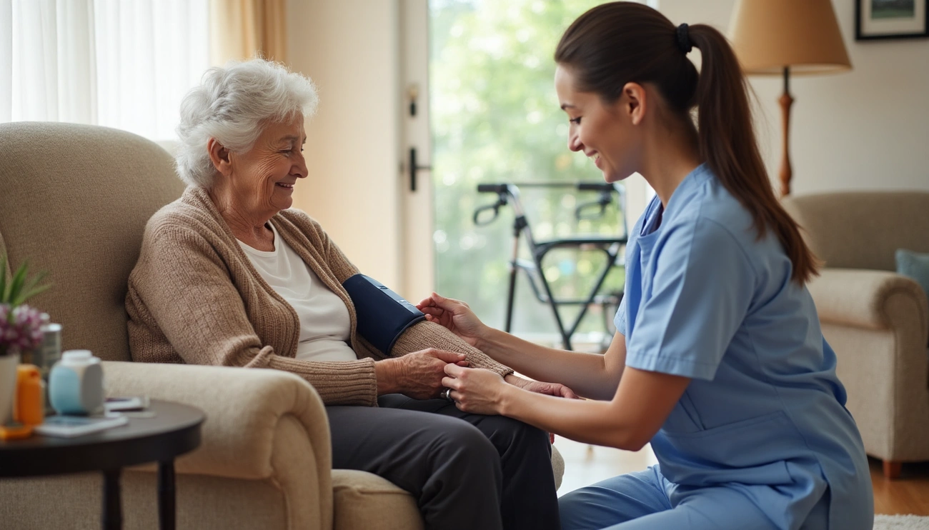 Nurse taking an elderly patient's blood pressure during an in-home visit
